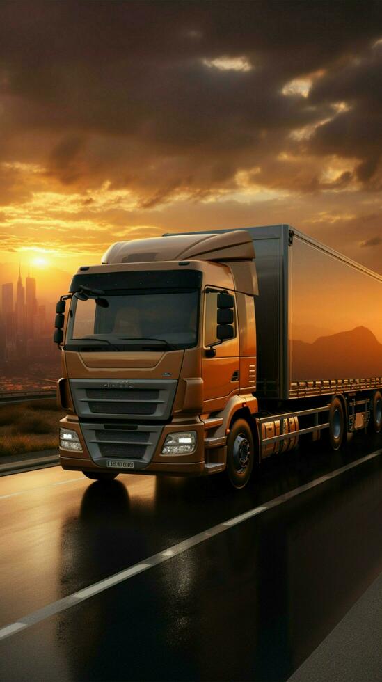 sunrise delivery scene 3d rendered trucks rear view on road cityscape backdrop signifies efficiency vertical mobile wallpaper ai generated free photo 1