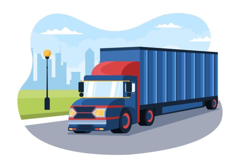 trucking transportation cartoon illustration with cargo delivery services or cardboard box sent to the consumer in flat style design vector